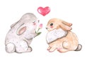 Watercolor love bunny. Two cute bunnies illustration. valentines day or Easter card. Romantic hand painted graphics Royalty Free Stock Photo