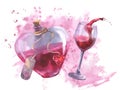 Watercolor love potion elixir in heart shaped bottle and glass wine illustration on pink watercolor background with Royalty Free Stock Photo