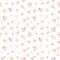 Watercolor love seamless pattern with pink hearts, flowers isolated on white background for Valentine's Day, wallpaper