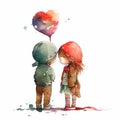 Watercolor Lovely Couple with Heart Balloon on white background Generative AI