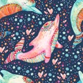 Watercolor lovely dolphins seamless pattern on background with bubbles. Royalty Free Stock Photo