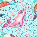 Watercolor lovely dolphins seamless pattern on background with bubbles.