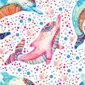 Watercolor lovely dolphins seamless pattern on background with bubbles.