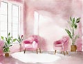 Watercolor of Lovely pink living room featuring a comfortable