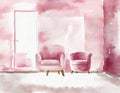 Watercolor of Lovely pink living room featuring a comfortable