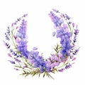 Watercolor Lupine Wreath On White Background