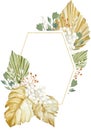 Watercolor luxure tropical frame. Hand drawn rustic floral and dasty leaves for wedding invintation