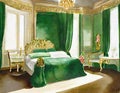 Watercolor of Luxurious bedroom adorned in opulent with modern featuring a rich malachite