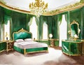 Watercolor of Luxurious bedroom adorned in opulent with modern featuring a rich malachite