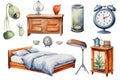 Watercolor luxurious bedroom with furniture and icon set by Generative AI