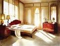 Watercolor of A Luxurious interior of a oriental style bedroom