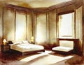 Watercolor of A Luxurious interior of a oriental style bedroom