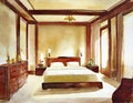 Watercolor of A Luxurious interior of a oriental style bedroom