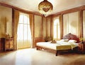 Watercolor of A Luxurious interior of a oriental style bedroom