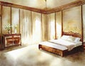 Watercolor of A Luxurious interior of a oriental style bedroom