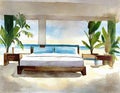 Watercolor of Luxurious modern beach bedroom decor for a vacation