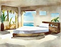 Watercolor of Luxurious modern beach bedroom decor for a vacation