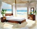 Watercolor of Luxurious modern beach bedroom decor for a vacation