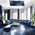 Watercolor of Luxurious modern living room with a dark blue fashionable floor and an empty gray rendered in Royalty Free Stock Photo