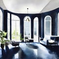 Watercolor of Luxurious modern living room with a dark blue fashionable floor and an empty gray rendered in Royalty Free Stock Photo