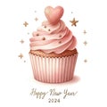 watercolor luxury cupcake heart on top for a celebration of \'Happy New Year 2024\', pink and gold Royalty Free Stock Photo
