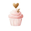 watercolor luxury cupcake with heart on top pink and gold, in cute love Royalty Free Stock Photo