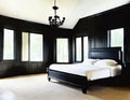 Watercolor of Luxury farmhouse decor with rich black accents bedroom