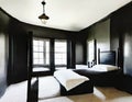 Watercolor of Luxury farmhouse decor with rich black accents bedroom