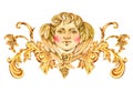 Watercolor luxury golden baroque angel, floral curl, rococo ornament element. Hand drawn gold face cupid, scroll, grape, roses, Royalty Free Stock Photo