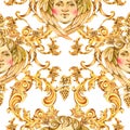 Watercolor luxury golden baroque angel seamless pattern, floral curl, rococo ornament. Hand drawn gold face cupid, scroll, grape, Royalty Free Stock Photo