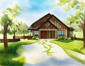 Watercolor of Luxury wooden house with green paved and blue