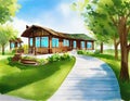 Watercolor of Luxury wooden house with green paved and blue