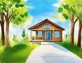 Watercolor of Luxury wooden house with green paved and blue