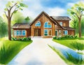 Watercolor of Luxury wooden house with green paved and blue