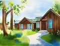 Watercolor of Luxury wooden house with green paved and blue