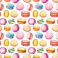 Watercolor Macaron Cake Seamless Pattern, Aquarelle Macaroon Cookie, Almond Meringue Tile