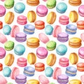 Watercolor Macaron Cake Seamless Pattern, Aquarelle Macaroon Cookie, Almond Meringue Tile