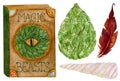 Watercolor magic beasts collection, book, green dragon egg, unicorn horn, fenix feather isolated on white background.