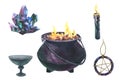 Watercolor magic elements, Witch Cauldron, candle, pentagram symbol and crystal. Hand painted illustration of Caldron