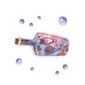 Watercolor magic glass bottle with fish, shells, bubbles. Hand drawn illustration isolated on white Royalty Free Stock Photo