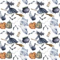 Watercolor magic Halloween pattern. Hand painted Halloween symbols on white background. Pumpkins, witch hat, candy