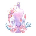 Watercolor magic heart-shaped bottle with crystals and floral elements. Glass perfume flask, elixir or poison