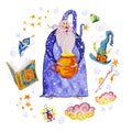 Watercolor magic illustration with hand drawn artistic elements isolated on white background - wizard, hat, wand, spell book. Royalty Free Stock Photo