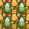 Watercolor magic pattern for Halloween. Witch's cauldron, pumpkins, amanita muscaria, magic cat on a green Royalty Free Stock Photo