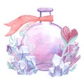 Watercolor magic round bottle with crystals and heart-shaped floral element. Glass perfume flask, elixir or poison