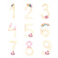 Watercolor magic unicorn numbers clipart