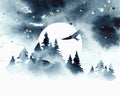 Watercolor magic vector landscape in blue, golden and white colors. Forest with eagle under night sky with moon. Royalty Free Stock Photo