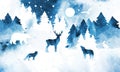 Watercolor magic winter hand draw vector landscape with animals silhouettes. Forest, deer, hare, fox, wolf, bear and birds under Royalty Free Stock Photo