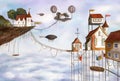 Watercolor magical houses city or street with clouds, sky, airballoons and flying islands
