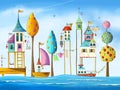 Watercolor magical houses city, street with water, boats, trees and birds.